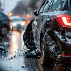 Car crash, accident with cars driving on a rainy day.