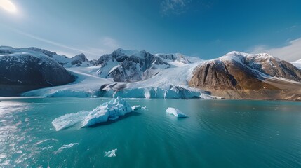 a backdrop of snow-capped peaks and icy fjords, the HD camera captures the pristine beauty of polar landscapes in captivating aerial photography, with glaciers and icebergs glistening in the sunlight - obrazy, fototapety, plakaty