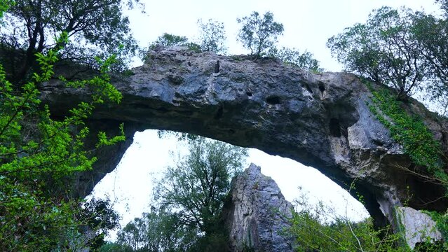 Landscape around the natural stone Arch of Jentilzubi in Dima in the Province of Bizkaia. Basque Country. Spain. Europe