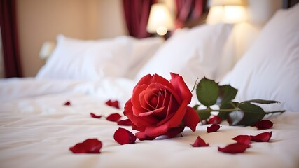 red rose on a bed, Rose in the hotel rooms on the beds. On the bed, a rose with her petals for a lovely night