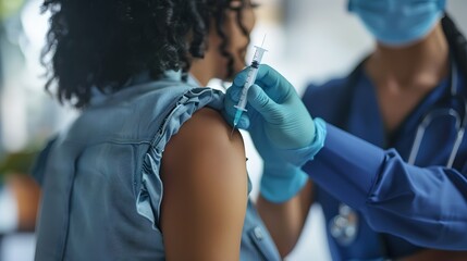 Healthcare professional administering vaccine to patient. Preventative care in medical setting. Focus on vaccination process. Medical imagery for public health. AI