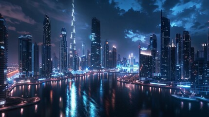 A futuristic rendering of Dubai's skyline at night with neon lights and waterways reflecting the illuminated city