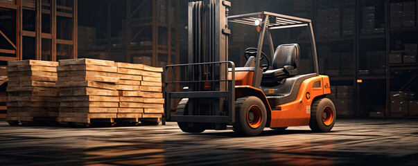 Forklift in a warehouse lifting pallets.