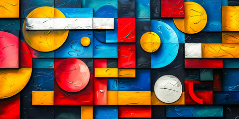 Vivid composition of abstract art featuring a variety of geometric shapes and rich colors