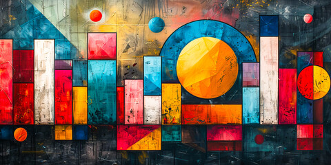 Vibrant abstract painting with dynamic geometric shapes and bold colors