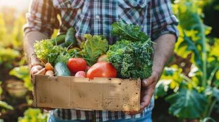 Fototapeta premium box with vegetables in hands close-up. selective focus