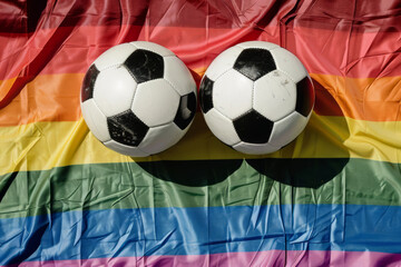 Naklejka premium Soccer football ball on an LGBTQ gay pride rainbow flag