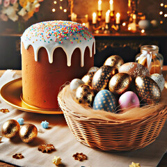 Golden Easter Cake with Ornate Eggs and Festive Decor