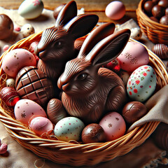 Easter bunnies and colorful eggs in a wicker basket