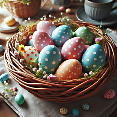 Colorful Easter eggs arranged in a wicker basket on a holiday table