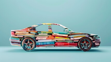 A car made up of car pages on pastel background