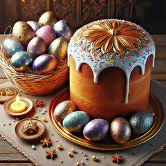 Golden Easter Cake with Ornate Eggs and Festive Decor