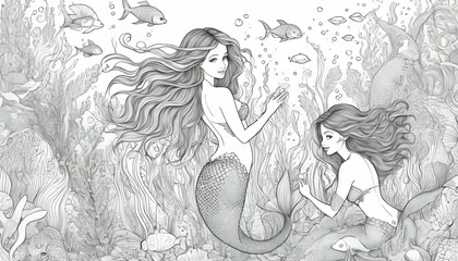 Coloring Book Pagea Whimsical Pattern Of Mermaid