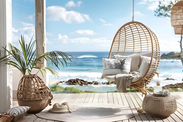 A coastal-themed terrace setup with a wicker swinging chair nestled within a breezy outdoor space, overlooking a tranquil seascape - obrazy, fototapety, plakaty