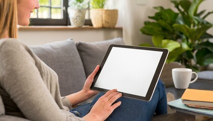 Tablet held by Woman in a Living Room - Mockup for Application or Web Design - Template for Presentation of Graphic Design - Corporate Representation at Consumers