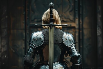 A woman with blond hair in armor stands with a sword behind her back.