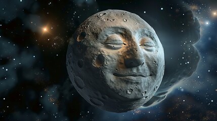 Moon with Face of Man in Deep Space Environment