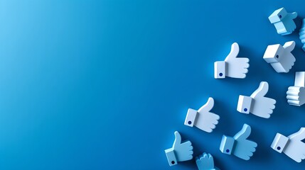 Naklejka premium Scattered 3D like icons on blue background symbolizing social media engagement. Ideal for digital marketing materials. Clean and modern style. AI