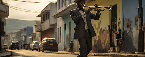 A talented street musician plays a captivating trumpet solo in an atmospheric urban