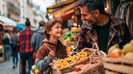 A father and son, tourists in Paris, enjoy a traditional market filled with regional products from...