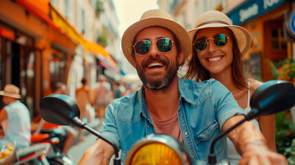 A couple enjoys sightseeing in Paris tourism by exploring the city on a scooter, visiting landmarks, and experiencing the festive Olympic atmosphere