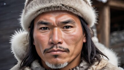 Deep Gaze of an Inuit Man in Traditional Fur Hood