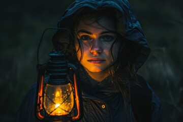 A woman wearing a black jacket with a hood holds a lantern in a dark setting.