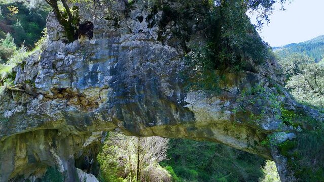 Landscape around the natural stone Arch of Jentilzubi in Dima in the Province of Bizkaia. Basque Country. Spain. Europe