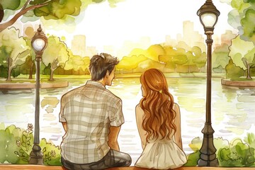 A man and a woman are sitting on a bench opposite a pond in the park. The sun is setting and buildings are visible in the background.