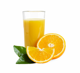 Refreshing orange juice in glass, leaves and fruits isolated on white