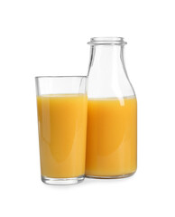 Refreshing orange juice in glass and bottle isolated on white