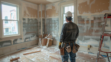 painter or drywall construction expert actively engaged in home renovation, architectural work in progress, makeover, new home