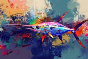 Vibrant painting of a fish on a blue backdrop, perfect for aquatic themes