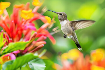 Obraz premium Birds of tropics in Central and South America and the Caribbean countries. Witness the elegance of a hovering hummingbird amidst a colorful flower, set against a softly blurred backdrop. 