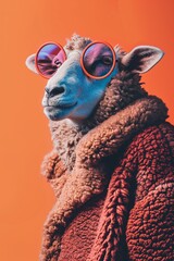 A sheep models with hipster glasses against vibrant backgrounds, creating a quirky and humorous visual statement