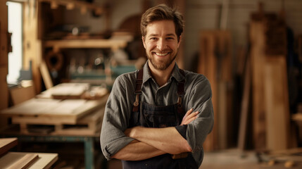 Obraz premium Carpenter in workshop smiling, standing confidently 