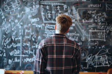 Student solves math problem at blackboard, boy teenager thinks and looks at formulas in class, back view. Concept of child, kid, reason, mathematics, study, school