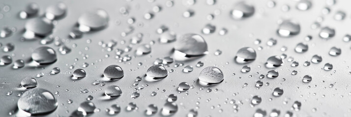 Fresh water drops on white glass, panoramic banner with rain droplets for background. Concept of wet, texture, splash, surface, dew