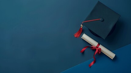 Graduation cap and diploma with red ribbon on blue background