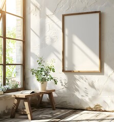 A blank white poster in an oak frame on the windowsill of a cozy cottage