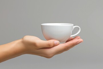 A girl's hand holds a small white cup on a gray background.