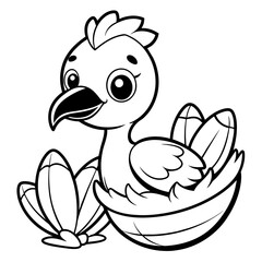 Baby flamingo SVG Vector , isolate, coloring book page for kids, cute, black and white cartoon baby flamingo hatching from an egg, white background