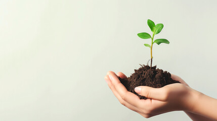 Woman hand holding soil with seedling plant and isolated clean background.
