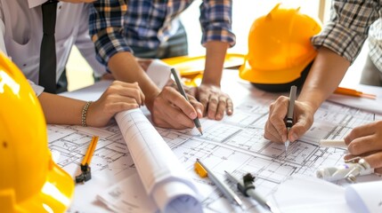 Architect team working with blueprints for architectural plan, engineer sketching a construction project. worker's day. labor day. international Workers' Day
