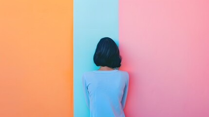 A single person peaking from the pastel background - obrazy, fototapety, plakaty