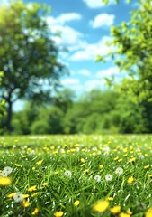 Spring Meadow Illustration with Sunny Sky