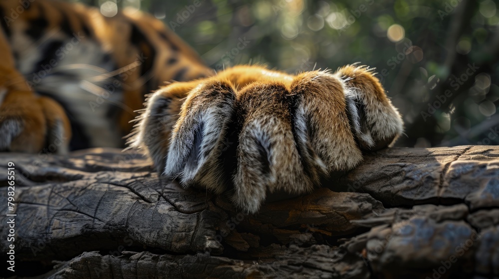 Wall mural A close-up of a tiger's paw resting on a fallen tree trunk, highlighting the strength and agility of these apex predators on International Tiger Day. - Wall murals