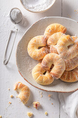 Tasty and traditionally croissants with powdered sugar.