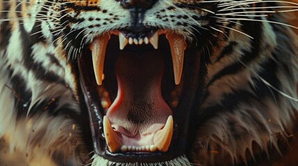 A close-up of a tiger's powerful jaws and teeth, showcasing the strength and ferocity of these apex...