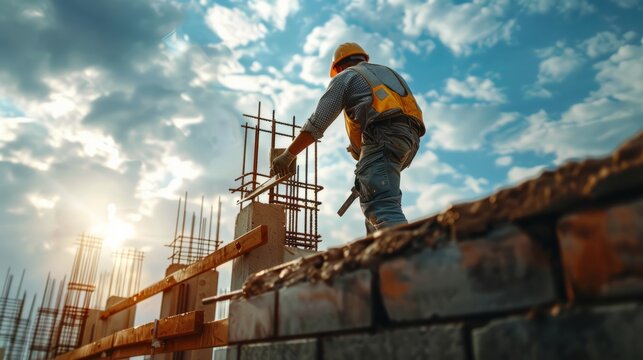 Masonry details, industrial brick mason, bricklayer working on building exterior walls at construction site. worker's day. labor day